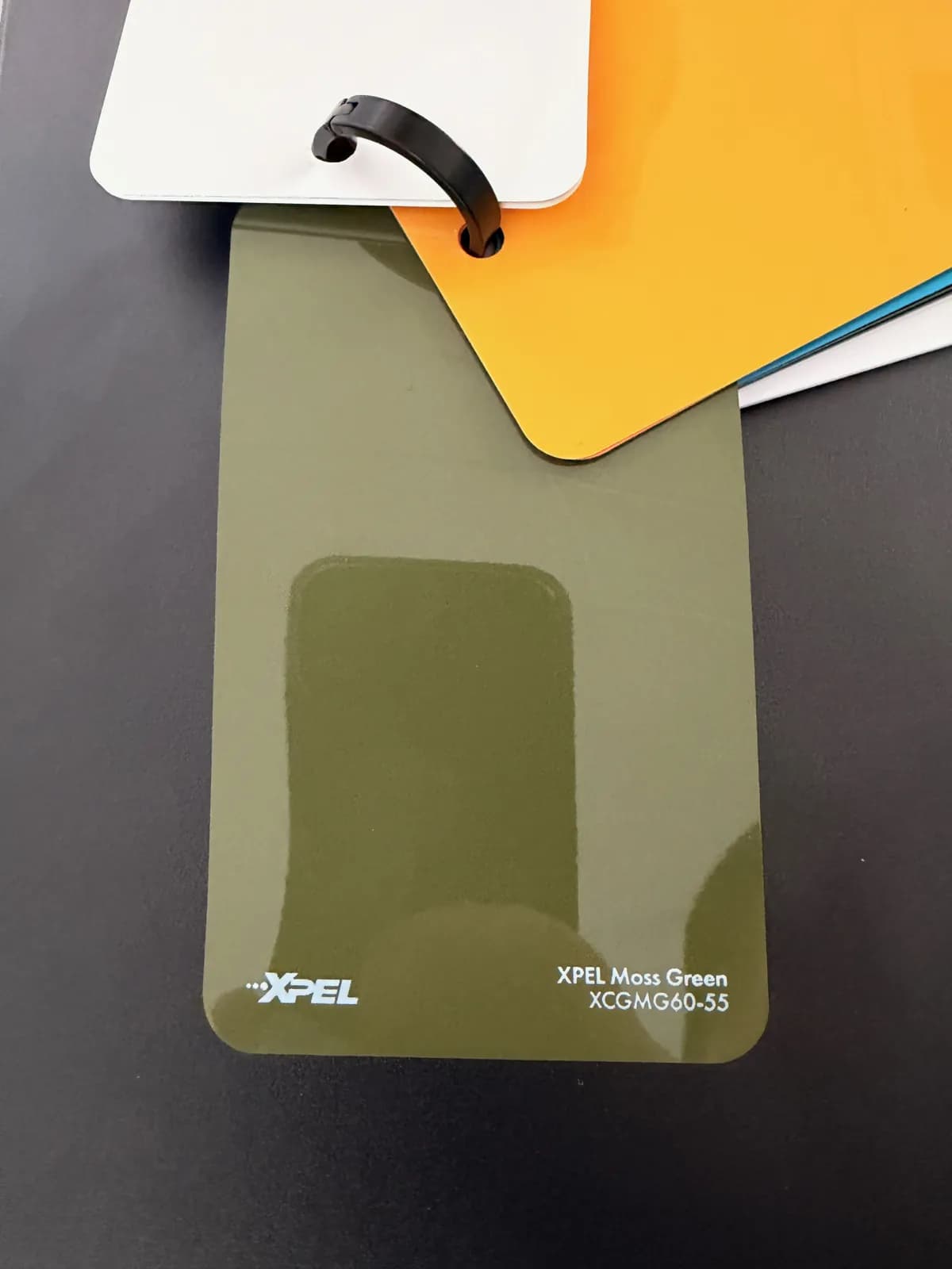 XPEL COLOR Farbmuster in Moss Green auf dem Schulungstisch
